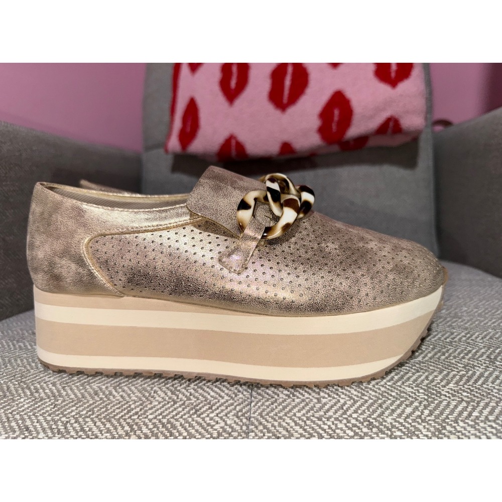 Pierre Dumas Gold Metallic Platform Loafers‎ Tortoise Chain Wedge Shoes Womens 9